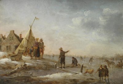 Winterlandschap met schaatsende figuren voor een dorp door Hendrik Willem Schweickhardt